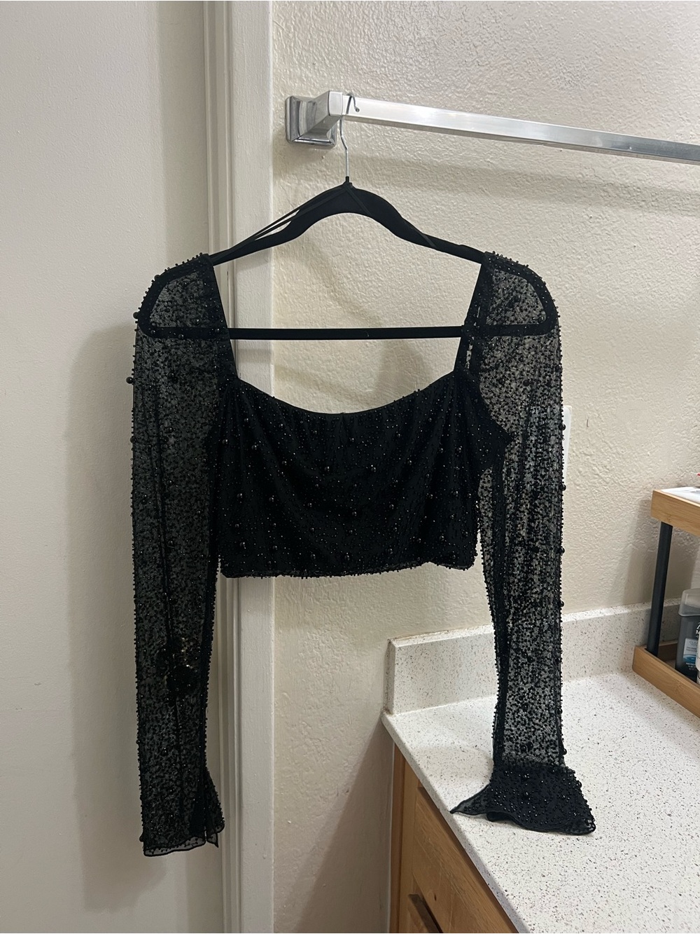 12th Tribe Black Beaded Sheer-Sleeve Cropped Top